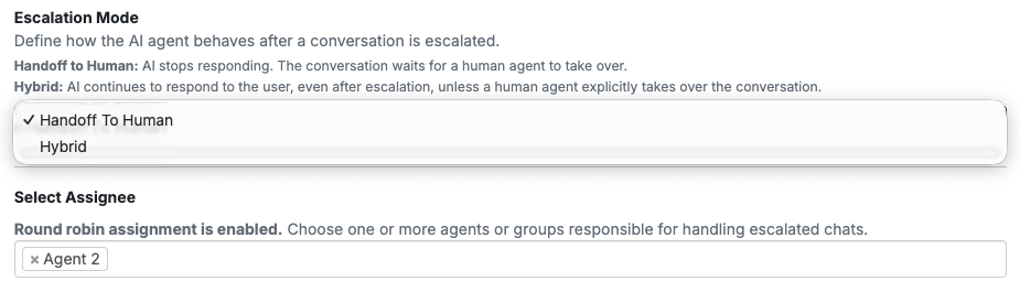 AI Agent Escalation settings showing Handoff to Human and Hybrid modes