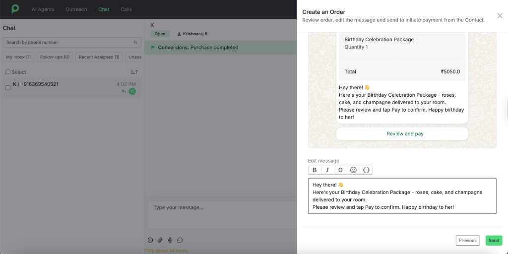 Building and sending the custom order details using the Create an Order modal