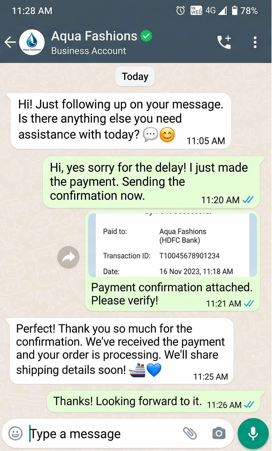 WhatsApp conversation — a Peach AI agent follows up on a delayed payment, collects the receipt from the customer, and confirms the order